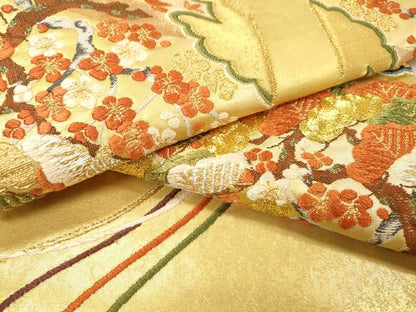 平和屋着物▼太鼓柄袋帯　駒刺繍　総刺繍　扇面花松文　金銀糸　正絹　逸品　DABG5555fe