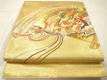 平和屋着物▼太鼓柄袋帯　駒刺繍　総刺繍　扇面花松文　金銀糸　正絹　逸品　DABG5555fe