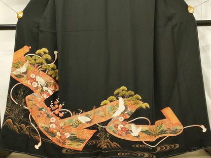 平和屋着物■豪華黒留袖　駒刺繍　群鶴　松竹梅　金彩　正絹　逸品　DABG4453qp
