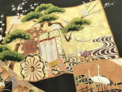 平和屋着物■豪華黒留袖　作家物　駒刺繍　御所車花文　鶴　金彩　正絹　逸品　DABH1571cd