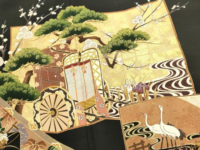 平和屋着物■豪華黒留袖　作家物　駒刺繍　御所車花文　鶴　金彩　正絹　逸品　DABH1571cd