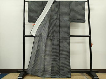 平和屋着物＊夏物　小紋　紗　横縞　舞蝶文　洗える着物　CABH7853ze