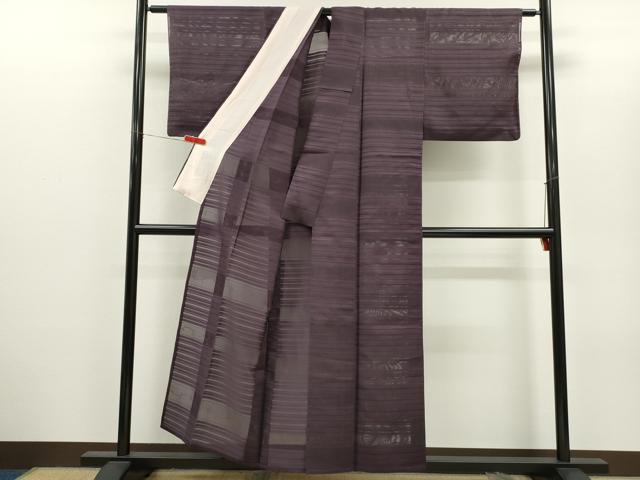 平和屋着物＊夏物　小紋　横段紋紗　滅紫色　正絹　逸品　CABH7857ze