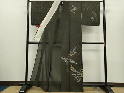 平和屋着物＊夏物　訪問着　絽　手描き　尾長鳥枝葉文　金銀彩　正絹　逸品　CABH7859ze