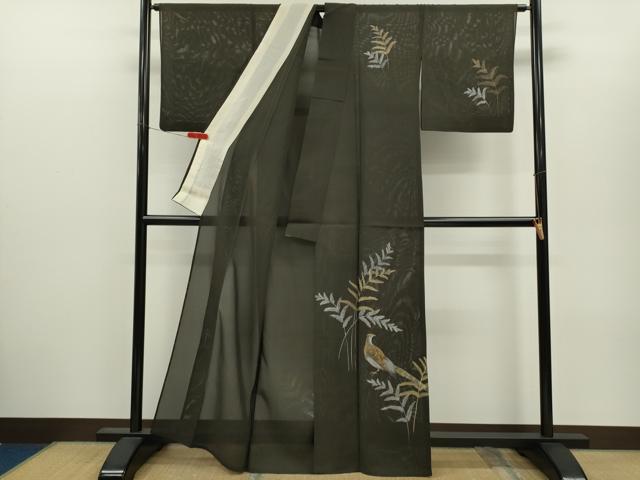 平和屋着物＊夏物　訪問着　絽　手描き　尾長鳥枝葉文　金銀彩　正絹　逸品　CABH7859ze