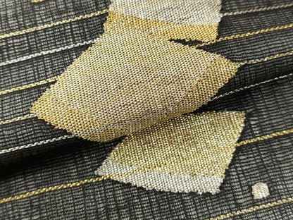 平和屋着物＊夏物　太鼓柄袋帯　すくい織　菱文　黒地　金銀糸　正絹　逸品　DABH1685cd