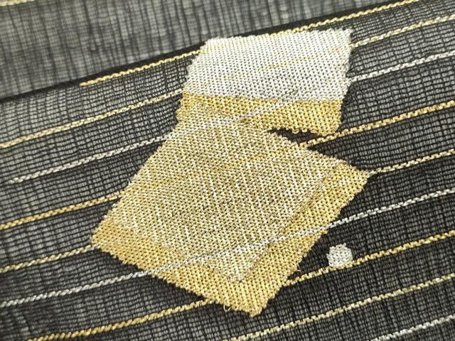 平和屋着物＊夏物　太鼓柄袋帯　すくい織　菱文　黒地　金銀糸　正絹　逸品　DABH1685cd
