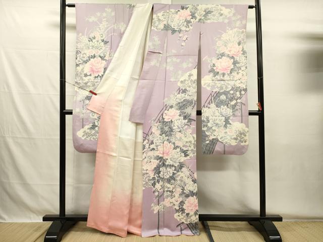 平和屋着物■豪華振袖　駒刺繍　渡橋風景花文　牡丹　銀彩　正絹　逸品　DABG7997ya