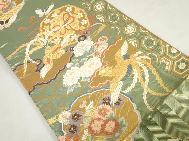 平和屋着物◎西陣　六通柄袋帯　唐織　鳳凰鏡裏花蝶文　金糸　正絹　逸品　DABG6382xg