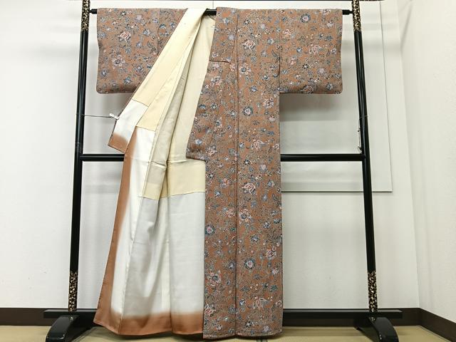 平和屋着物■上質な小紋　更紗花唐草文　鬼しぼ縮緬　正絹　逸品　CABI9228ua
