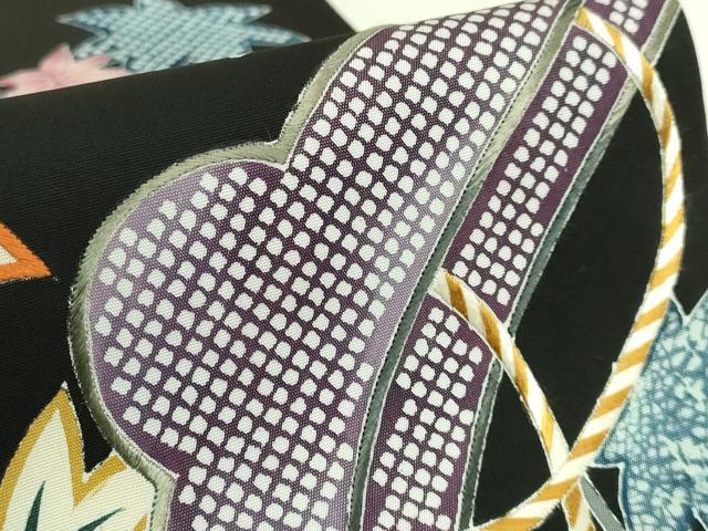 平和屋本店●極上　東京友禅　熊谷好博子　塩瀬　九寸開き名古屋帯　刺繍　笠　楓　黒地　逸品　DZAB7769kh6