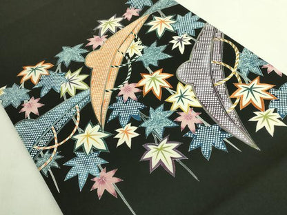 平和屋本店●極上　東京友禅　熊谷好博子　塩瀬　九寸開き名古屋帯　刺繍　笠　楓　黒地　逸品　DZAB7769kh6