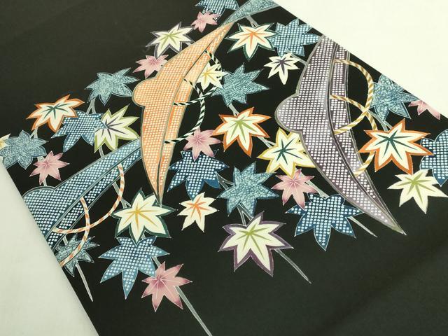 平和屋本店●極上　東京友禅　熊谷好博子　塩瀬　九寸開き名古屋帯　刺繍　笠　楓　黒地　逸品　DZAB7769kh6