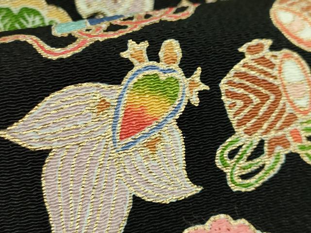 平和屋本店●極上　九寸名古屋帯　飛鶴宝尽くし　黒地　金彩　鬼しぼ縮緬　逸品　DZAB7842kh6