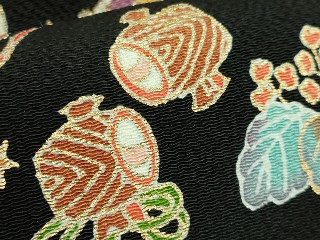 平和屋本店●極上　九寸名古屋帯　飛鶴宝尽くし　黒地　金彩　鬼しぼ縮緬　逸品　DZAB7842kh6