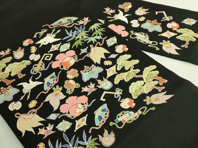 平和屋本店●極上　九寸名古屋帯　飛鶴宝尽くし　黒地　金彩　鬼しぼ縮緬　逸品　DZAB7842kh6