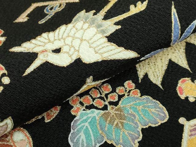 平和屋本店●極上　九寸名古屋帯　飛鶴宝尽くし　黒地　金彩　鬼しぼ縮緬　逸品　DZAB7842kh6