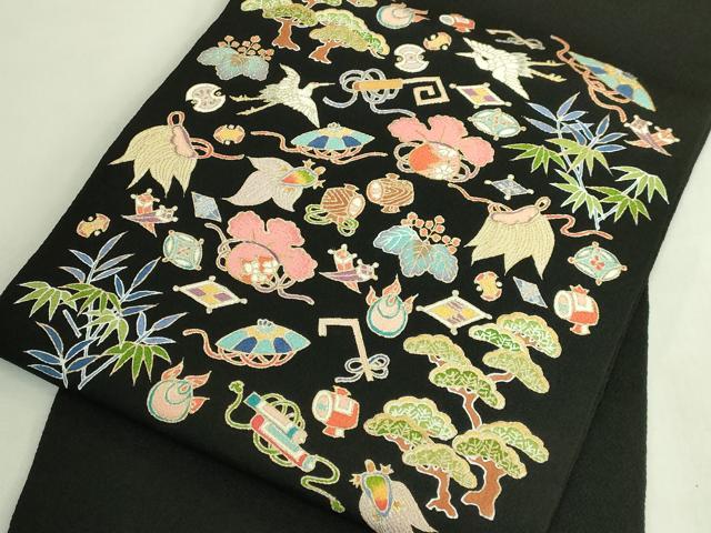 平和屋本店●極上　九寸名古屋帯　飛鶴宝尽くし　黒地　金彩　鬼しぼ縮緬　逸品　DZAB7842kh6