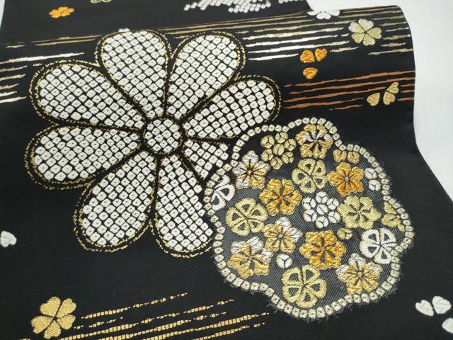 平和屋着物●全通柄袋帯　唐織　舞花文　黒地　金銀糸　正絹　逸品　CABI8878hy