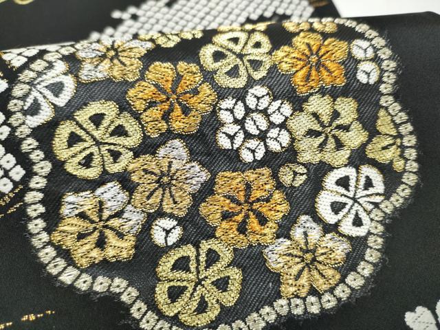 平和屋着物●全通柄袋帯　唐織　舞花文　黒地　金銀糸　正絹　逸品　CABI8878hy
