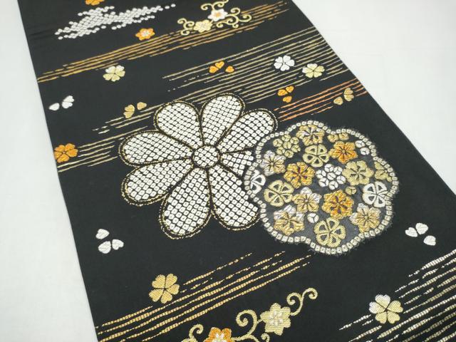 平和屋着物●全通柄袋帯　唐織　舞花文　黒地　金銀糸　正絹　逸品　CABI8878hy