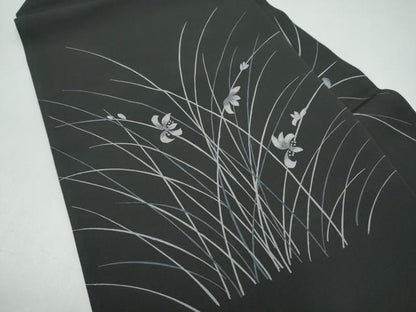 平和屋着物●塩瀬　九寸名古屋帯　刺繍　草花文　黒地　正絹　逸品　CABI8900hy