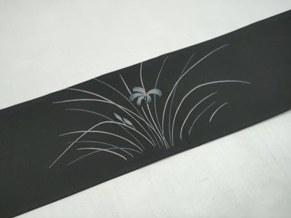 平和屋着物●塩瀬　九寸名古屋帯　刺繍　草花文　黒地　正絹　逸品　CABI8900hy