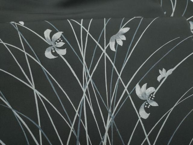 平和屋着物●塩瀬　九寸名古屋帯　刺繍　草花文　黒地　正絹　逸品　CABI8900hy