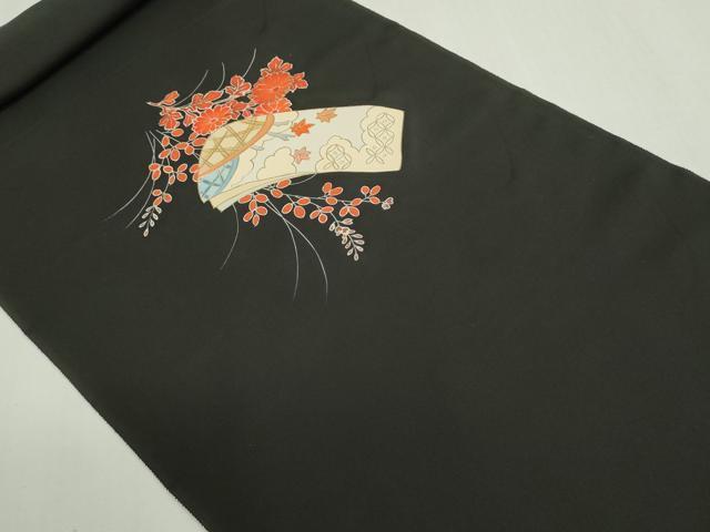 平和屋着物▼羽織・コート　反物　羽尺　短冊片輪車花文　黒地　金彩　逸品　未使用　DABG9070we