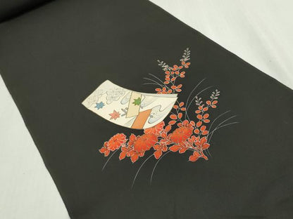 平和屋着物▼羽織・コート　反物　羽尺　短冊片輪車花文　黒地　金彩　逸品　未使用　DABG9070we