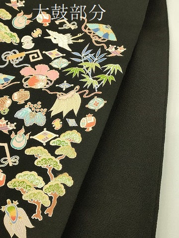 平和屋本店●極上　九寸名古屋帯　飛鶴宝尽くし　黒地　金彩　鬼しぼ縮緬　逸品　DZAB7842kh6