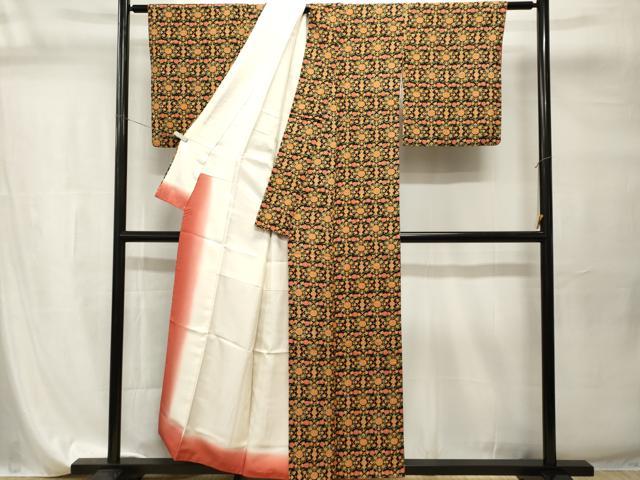 平和屋着物■上質な小紋　草花文　黒地　正絹　逸品　CABI7781ev