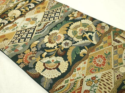 平和屋本店▼六通柄袋帯　更紗花文　もみ金唐箔　正絹　逸品　DABG9795sf