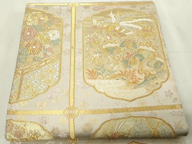平和屋本店▼六通柄袋帯　瑞窓花鳥図　本金箔　正絹　逸品　DABG9883sf