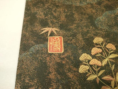 平和屋着物▼漆工芸作家　金森一博　六通柄袋帯　風景花文　金彩　正絹　逸品　DABG5774fe
