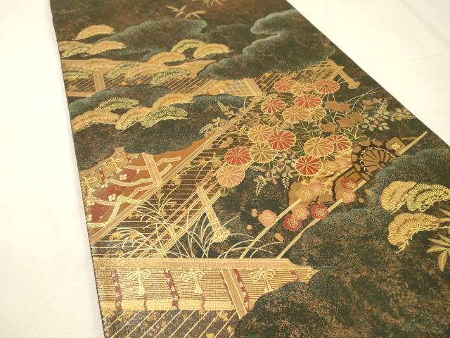 平和屋着物▼漆工芸作家　金森一博　六通柄袋帯　風景花文　金彩　正絹　逸品　DABG5774fe