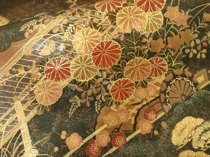 平和屋着物▼漆工芸作家　金森一博　六通柄袋帯　風景花文　金彩　正絹　逸品　DABG5774fe