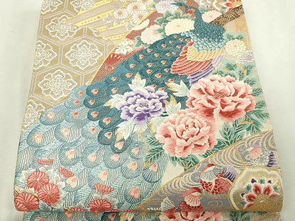 平和屋本店▼六通柄袋帯　唐織　御車孔雀文　九百錦24金箔　正絹　逸品　DABG9853sf