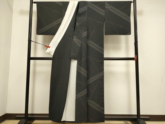 平和屋着物▽タッサーゴールドシルク　小紋　単衣　幾何学文様　黒地　証紙付き　正絹　逸品　未使用　DABH4730du