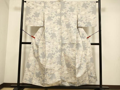 平和屋着物▽上質な紬　単衣　草花文　正絹　逸品　DABH4736du