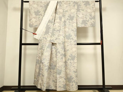 平和屋着物▽上質な紬　単衣　草花文　正絹　逸品　DABH4736du