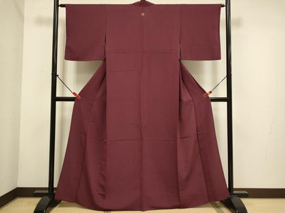 平和屋着物▽色無地　単衣　バーガンディー色　洗える着物　DABH4731du