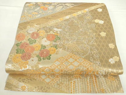 平和屋本店▼六通柄袋帯　草花　純金二重箔　正絹　逸品　DABH0463op