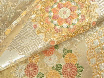 平和屋本店▼六通柄袋帯　草花　純金二重箔　正絹　逸品　DABH0463op