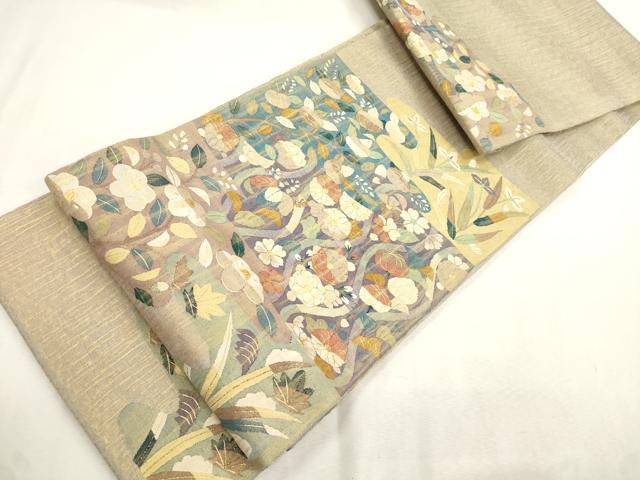 平和屋着物▽明綴れ　太鼓柄袋帯　スリーシーズン　春夏秋　草花文　金糸　正絹　逸品　CABI7536dy