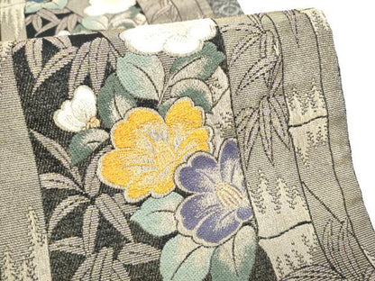 平和屋着物●両面　六通柄袋帯　笹竹椿文　金糸　正絹　逸品　CABI9166hy