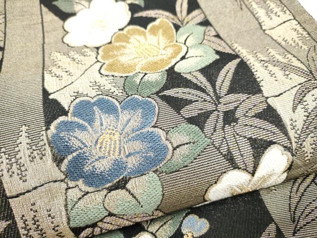 平和屋着物●両面　六通柄袋帯　笹竹椿文　金糸　正絹　逸品　CABI9166hy