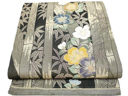 平和屋着物●両面　六通柄袋帯　笹竹椿文　金糸　正絹　逸品　CABI9166hy