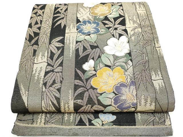 平和屋着物●両面　六通柄袋帯　笹竹椿文　金糸　正絹　逸品　CABI9166hy