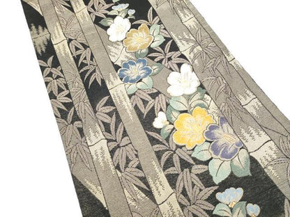 平和屋着物●両面　六通柄袋帯　笹竹椿文　金糸　正絹　逸品　CABI9166hy